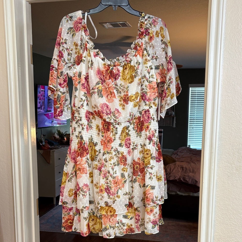 Floral White Tiered Mini Dress with Pink and Yellow Roses